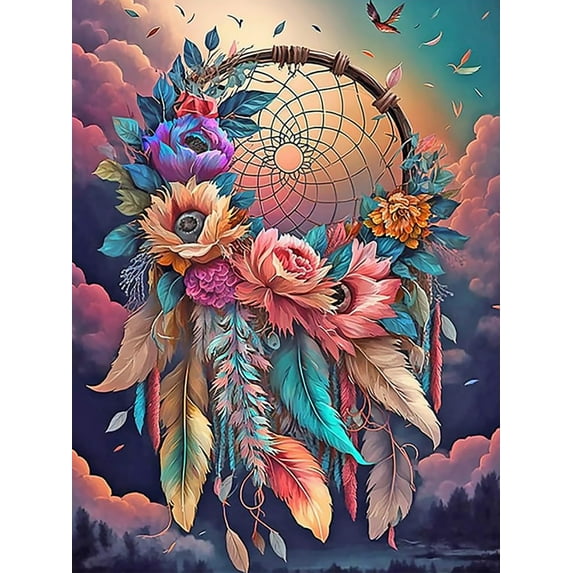 5D Dream Catcher Diamond Kits for Adults Beginners,DIY Colorful Dreamcatcher Flowers Diamond Art,Full Round Drill Diamonds Dots Gem Art Kits,Home Wall Decor 12x16 Inch