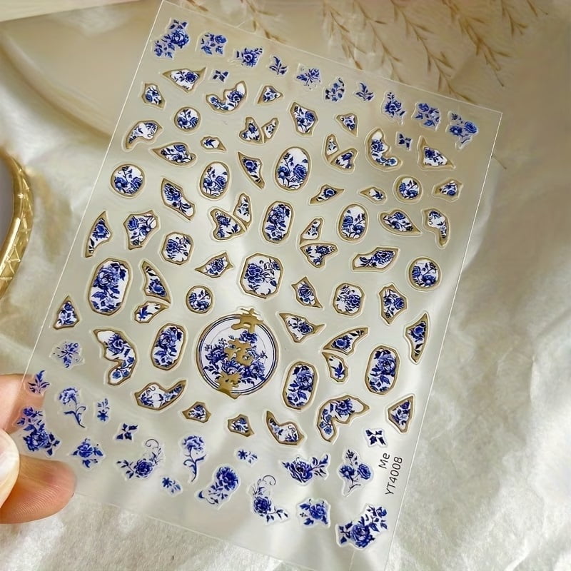 5D Embossed Chinese Style Nail Stickers - Shiny Self-Adhesive Floral Ceramic Design with Golden Accents for Nail Art and Decoration