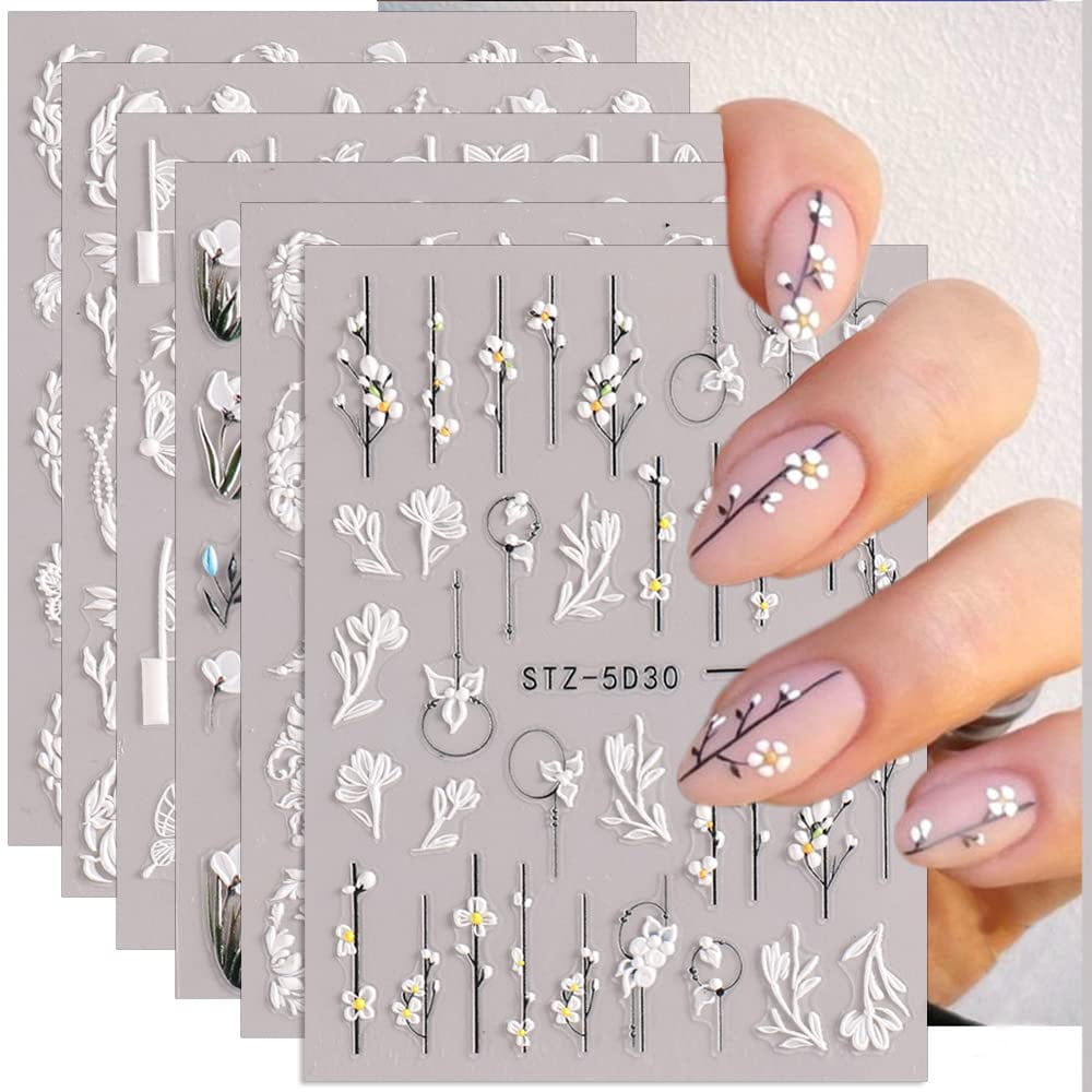 5D Embossed Flowers Nail Stickers for Acrylic Nails, 6 Sheets Engraved