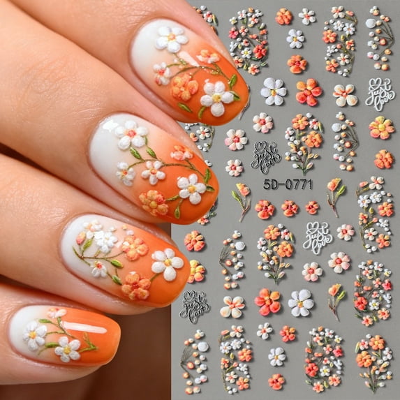 5D Embossed Nail Art Stickers, 3D Floral Self-Adhesive Nail Decals, DIY Spring Nail Decoration for Women