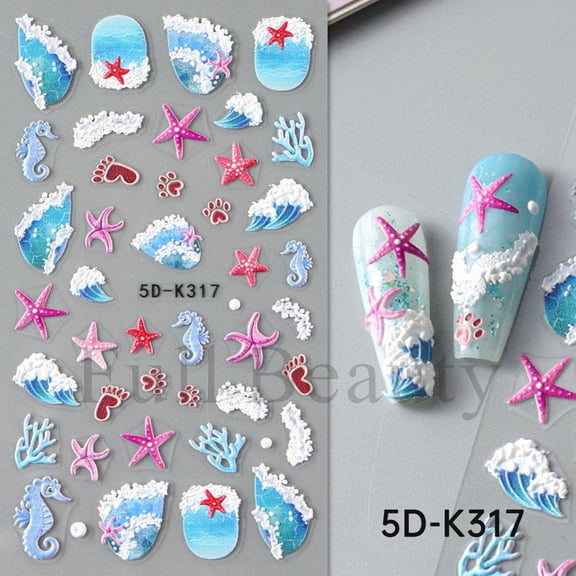 5D Embossed Nail Art Stickers Decals Summer Nail Stickers, 2PCS Summer Nails Adhesive Decals Manicure Sliders Accessories for Women DIY Nail Art Decorations