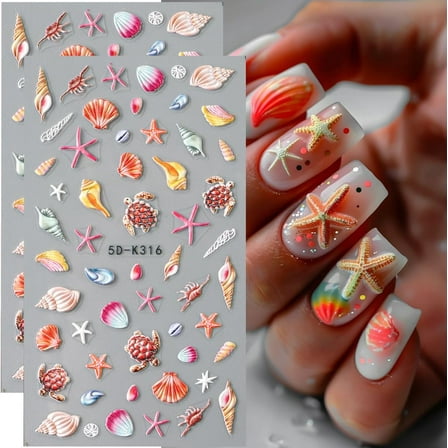 5D Embossed Nail Art Stickers Decals Summer Nail Stickers, 2PCS Summer Nails Adhesive Decals Manicure Sliders Accessories for Women DIY Nail Art Decorations