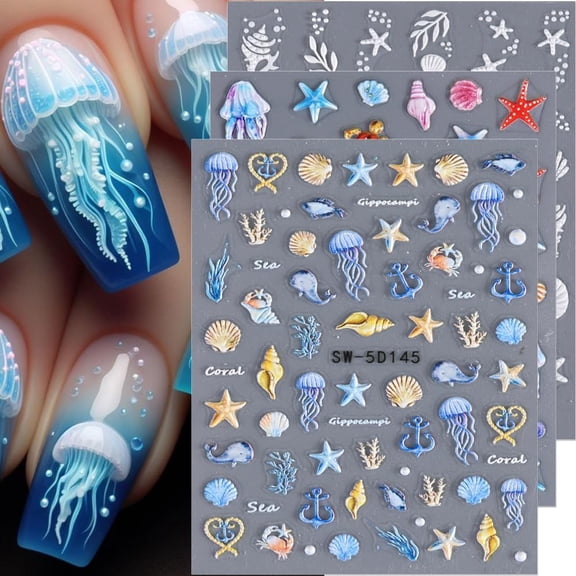 5D Embossed Ocean Nail Stickers - Summer Decals With Shell, Starfish, Jellyfish, Sea Animals - Beach Art Supplies for Nails