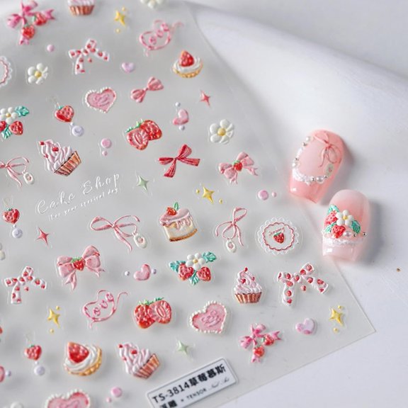 5D Embossed Pink Nail Stickers for Nail Art Cake Strawberry Bow Nail Art Stickers Nail Decals Self Adhesive Cute Nails Design Manicure Supplies Charm for Women Nails Decorations