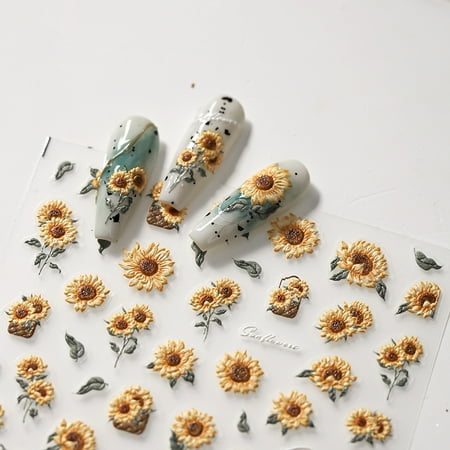 5D Embossed Sunflower Nail Stickers 1 Sheet Flower Nail Art Stickers for Nail Art Self-Adhesive Summer Nail Design Stickers Nail Supplies DIY Nail Decals