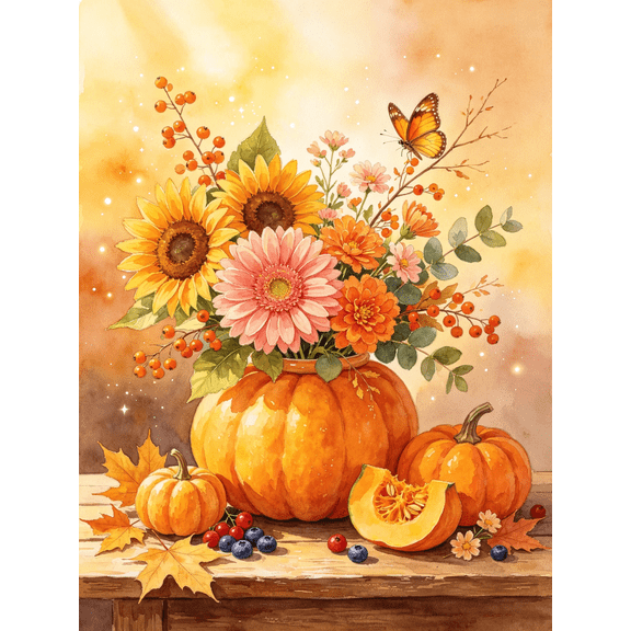 5D Fall Pumpkin Diamond Painting Kit, DIY Full Round Drill Sunflower Floral Diamond Art for Adults, Autumn Farmhouse Wall Decor, Perfect Thanksgiving Holiday Craft Gift 8x12 inch