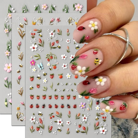 5D Flower Nail Stickers Easter Day Nail Art Sticker Cute Rabbit Eggs Embossed Nail Decals 3PCS DIY Self-Adhesive Heart Flowers Design Sticker Nail Decoration for Women Manicure Accessories