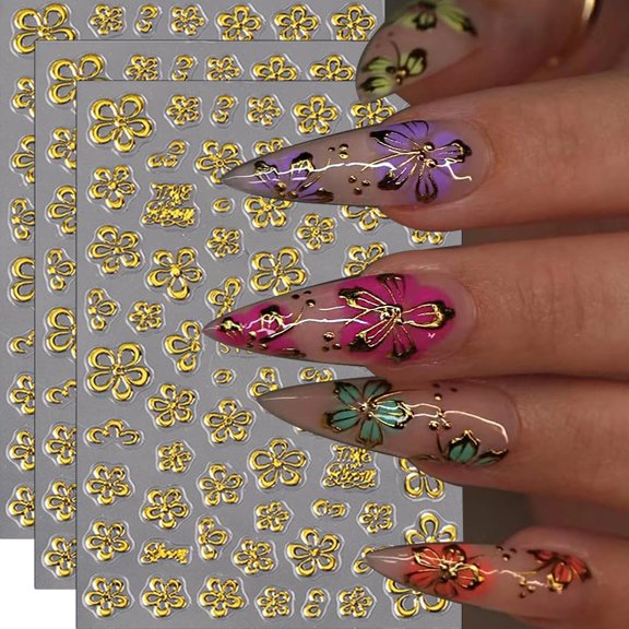 5D Flower Nail Stickers Easter Day Nail Art Sticker Cute Rabbit Eggs Embossed Nail Decals 3PCS DIY Self-Adhesive Heart Flowers Design Sticker Nail Decoration for Women Manicure Accessories