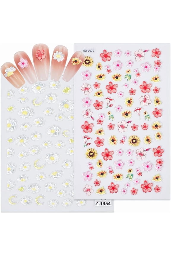 5D Flower Nail Stickers for Fingernail Craft Carving Spring Floral Embossed Self Adhesive Decals Supplies Nail Art Decoration for Women DIY Manicure Mixed Color Summer Decorative Charms