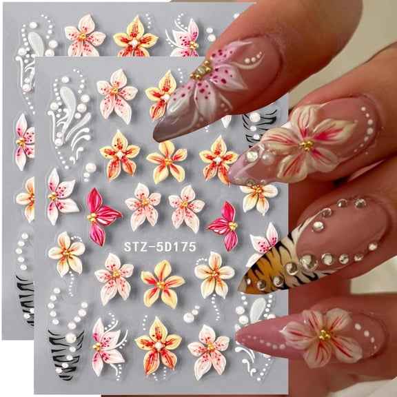 5D Flower Nail Stickers for Nail Art,5D Embossed Flower Nail Art Stickers Decals 2PCS Pink Orange Floral Pearl Chain Leopard Print French Tip Spring Summer Nails Design Manicure Accessories for Women