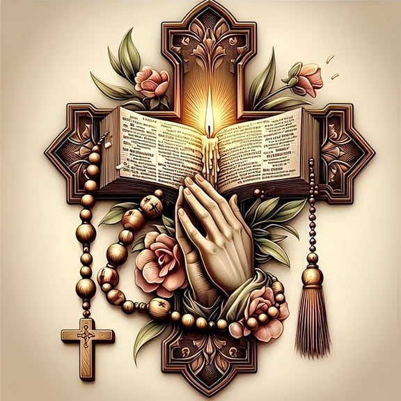 5D Full Drill Diamond Painting Kit - Christian Cross with Open Bible, Praying Hands, Rosary and Roses, Inspirational Religious Wall Art for Home Decor