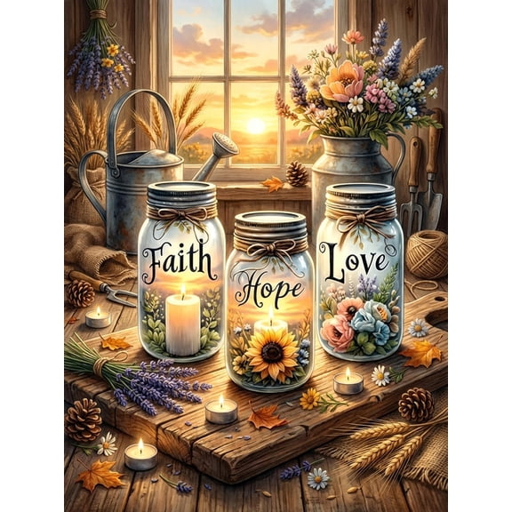 5D Full Drill Diamond Painting Kit, Rustic Faith Hope Love Floral Mason Jar Diamond Art, DIY Embroidery Cross Stitch, Home Wall Decor Gift for Adults Beginners