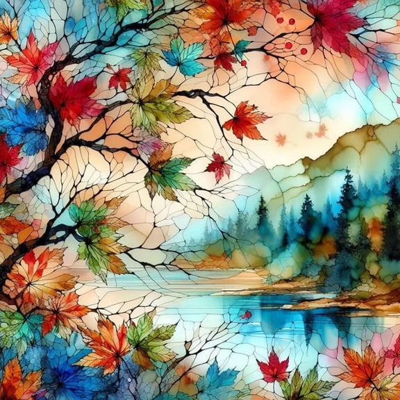 5D Full Drill Diamond Painting Kit - Stained Glass Style Autumn Maple Tree, Lake & Mountain Scenery, Fall Forest DIY Rhinestone Wall Art