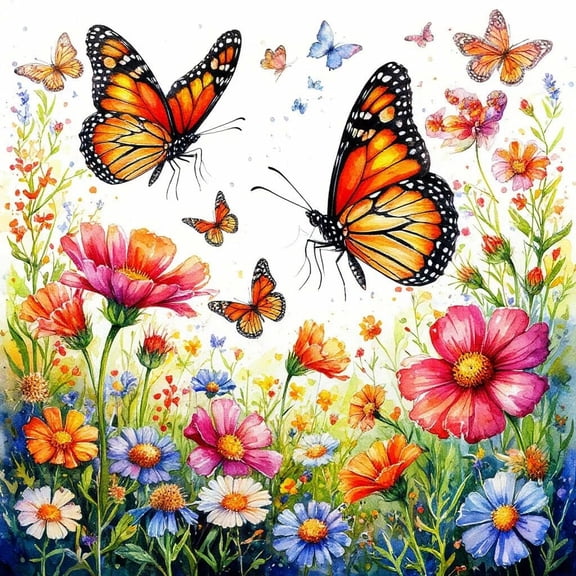 5D Full Drill Diamond Painting Kit - Vibrant Monarch Butterflies with Colorful Wildflowers, Spring Floral DIY Rhinestone Art for Home Wall Decor