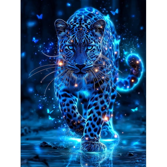 5D Full Round Drill Diamond Painting Kit, Magical Blue Glowing Leopard with Butterflies Design, DIY Crystal Diamond Art Embroidery for Home Wall Decor