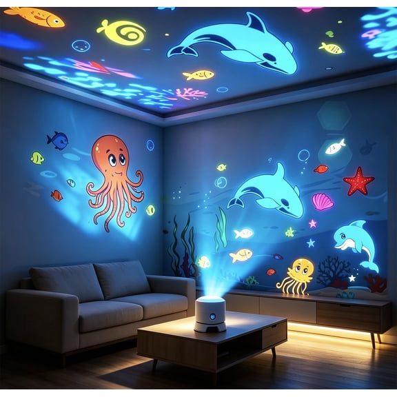 5D Holographic Night Light Projector, Plug and Play HD Ocean Projector for Bedroom Ceiling, 360 Lamp
