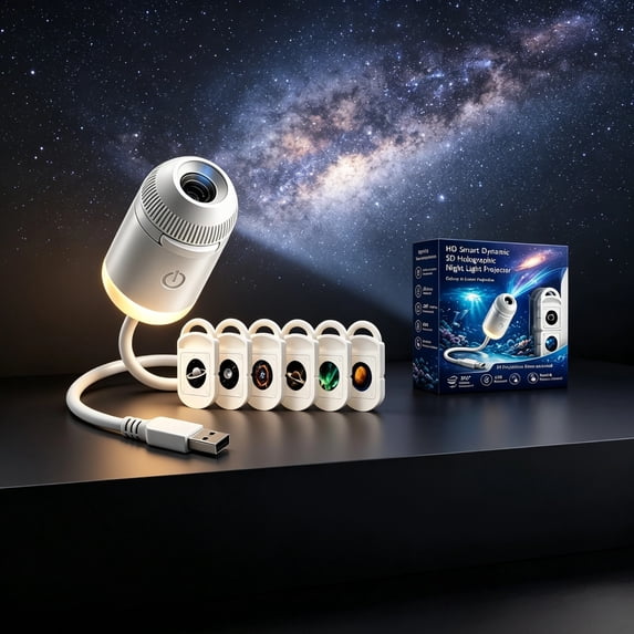 5D Holographic Star Projector Night Light, Plug and Play HD Imaging Lens, 360° Rotating USB Galaxy Lamp for Bedroom Ceiling Ambient Decor (6 Films)