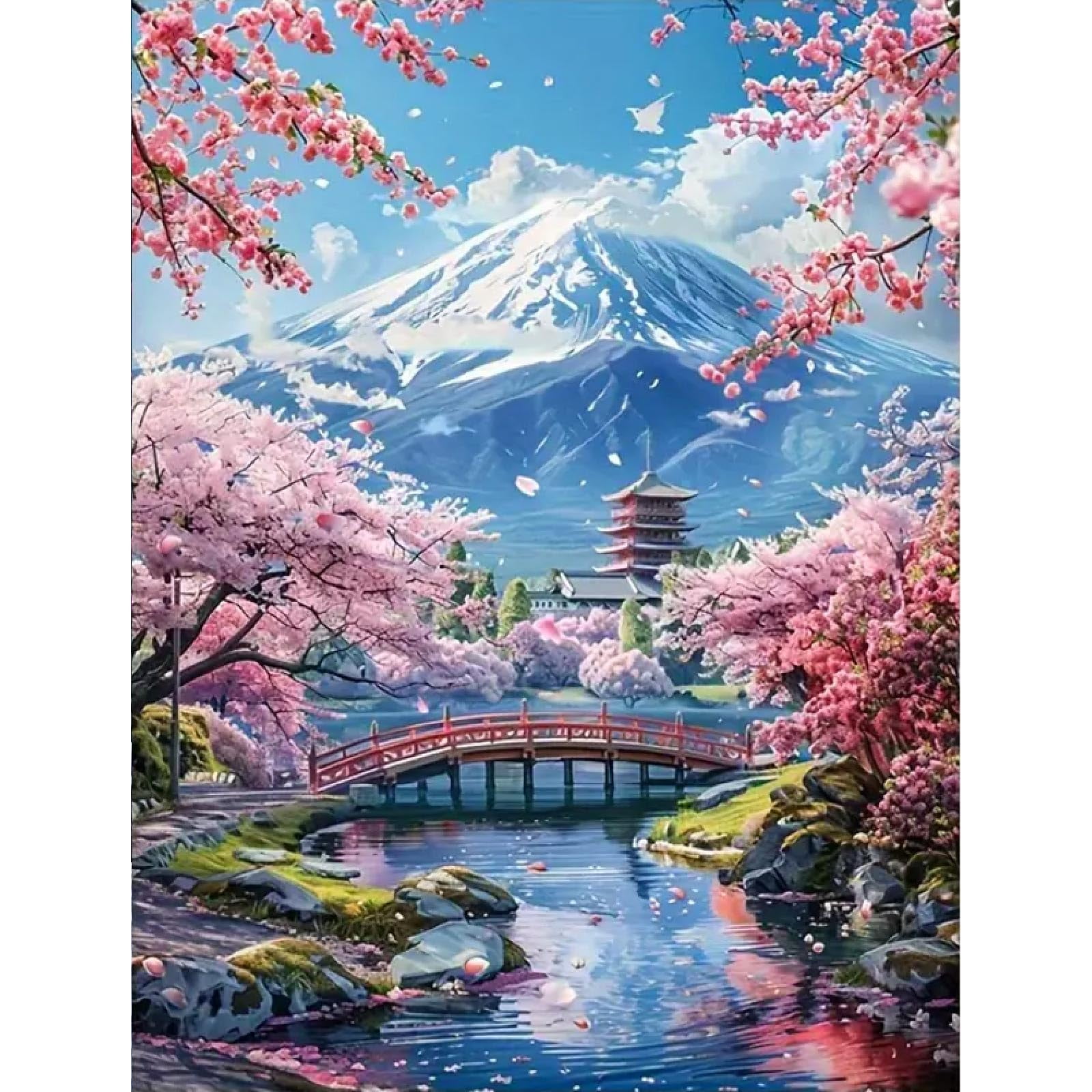 5D Mount Fuji Diamond Painting Kits for Adult, Mountain Sakura Diamond Art Kits for Beginners, DIY Full Drill Floral Diamond Dot Gem Art Kits for Home Decor 16x20 Inch Cherry(40*50cm,  No Frame)