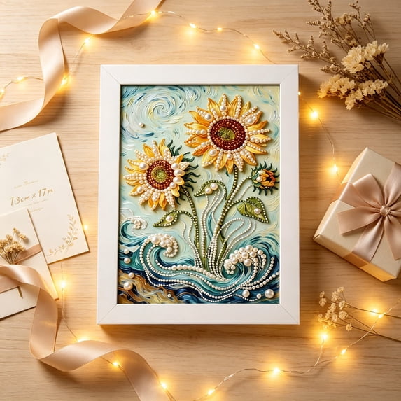 5D Pearl Art Kit, Sunflower Diamond Painting with Frame, DIY Adult Craft for Home Decor, Beginner Friendly Fall Wall Art, 5.1x6.7in