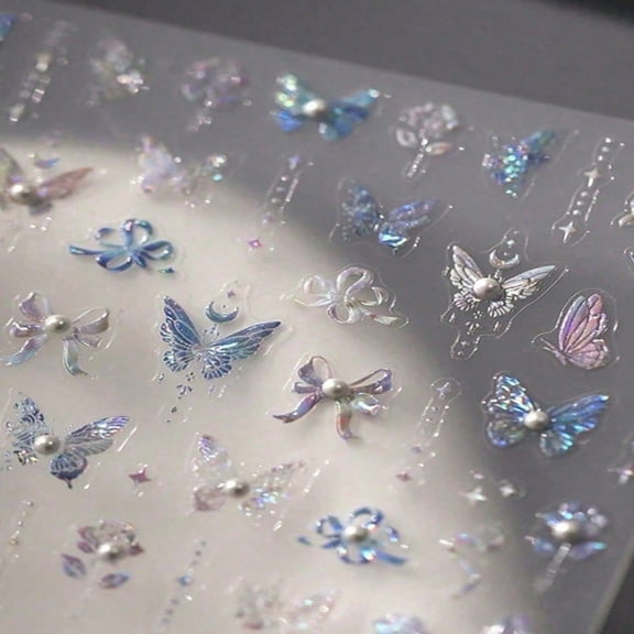 5D Pearl Butterfly Nail Stickers  Holographic Crystal Fairy Rose Flowers Bow Adhesive Decals, Spring Foils Wraps DIY Manicure Nail Art Charms