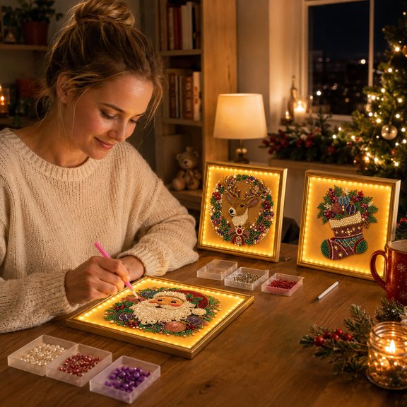 5D Pearl Diamond Art Kit with Frame & Light, DIY Christmas Gem Bead Painting, Stress Relief Handicraft Hobby Gift(H#3)
