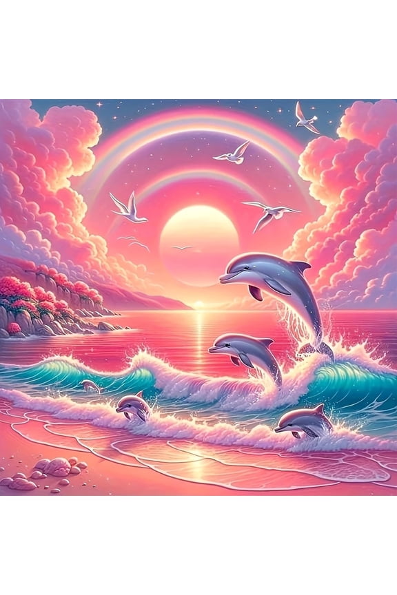 5D Pink Sunset and Dolphin Diamond Painting Kit (Suitable for Adult Beginners), DIY Sunset and Dolphin Diamond Art Kit, Round Full Diamond Diamond Dot Gem Art Kit, Home Wall Decoration, Unframed.