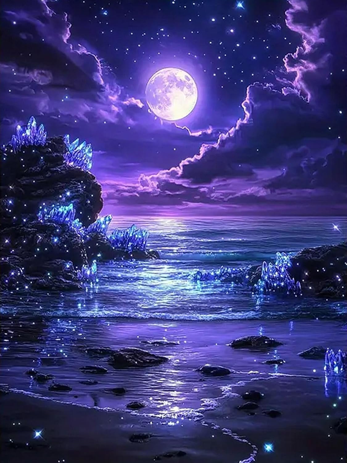 5D Purple Moonlight Beach Diamond Art Kits for Adults,Full Round
