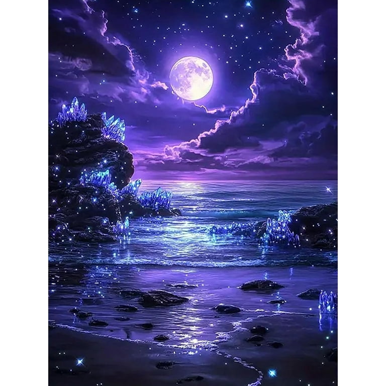5D Purple Moonlight Beach Diamond Art Kits for Adults,Full Round