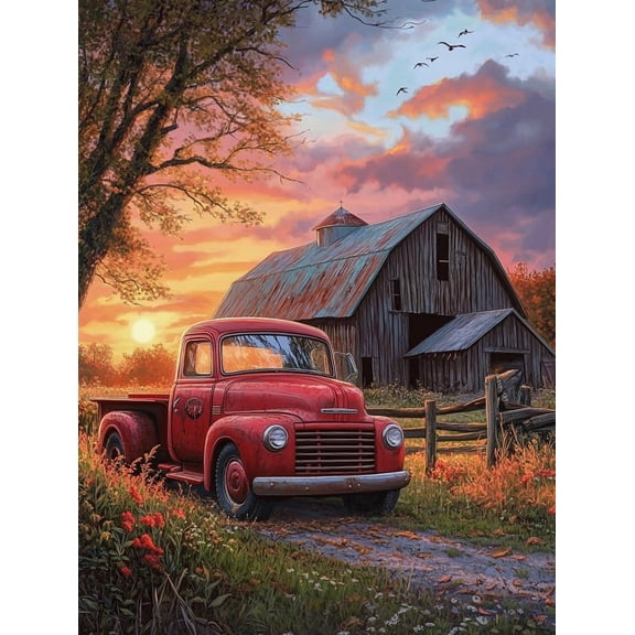 5D The Red Truck and The Old Barn Diamond Art 12x16 Inch Full Drill Diamond Painting Kits for Adults & Beginners - DIY Art Crafts for Relaxation and Home Wall Decor 358A