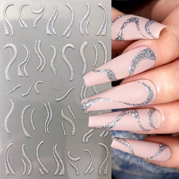5D Rhinestones Gold Silver French Tips Nail Stickers Retro Wave Simple Line Design Adhesive Slider Nail Art Decoration Decals