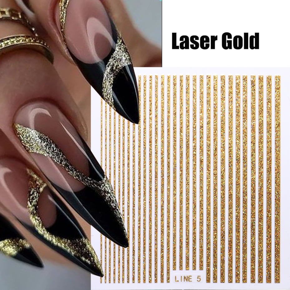 5D Rhinestones Gold Silver French Tips Nail Stickers Retro Wave Simple Line Design Adhesive Slider Nail Art Decoration Decals