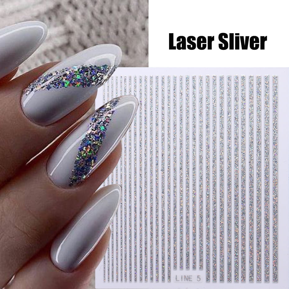 5D Rhinestones Gold Silver French Tips Nail Stickers Retro Wave Simple Line Design Adhesive Slider Nail Art Decoration Decals