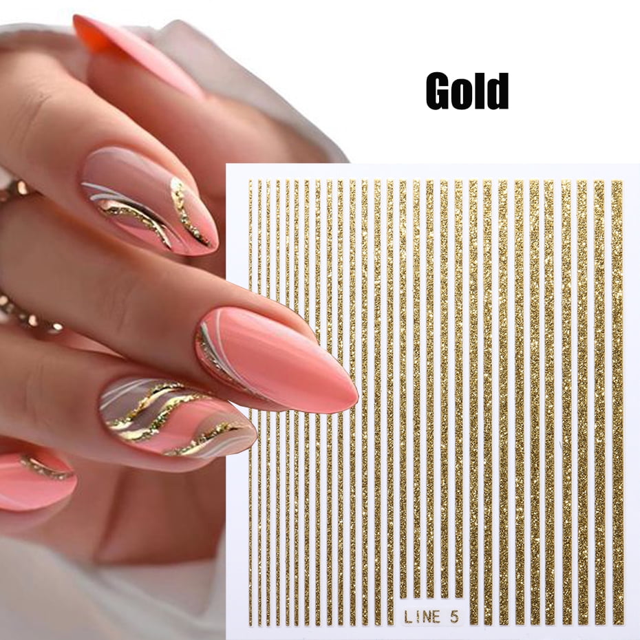 5D Rhinestones Gold Silver French Tips Nail Stickers Retro Wave Simple Line Design Adhesive Slider Nail Art Decoration Decals