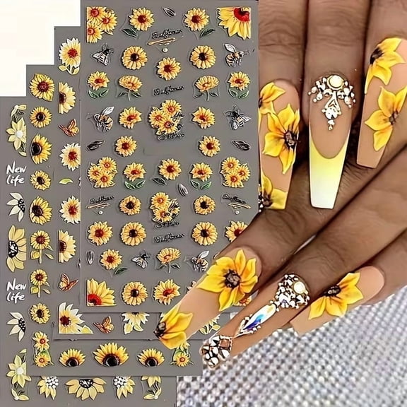 5D Sunflower Bee Nail Art Stickers Set of 4 Self-Adhesive Nature Decor