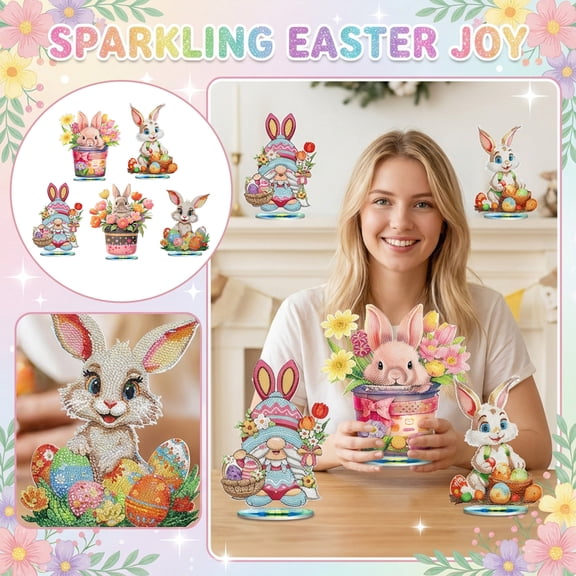 5D Tabletop Diamond Art Kit for Adults, DIY Diamond Art Painting Kit Stand Up Special Shaped Crystal Desktop Ornament, Easter decorations,Easter bunny decor(E