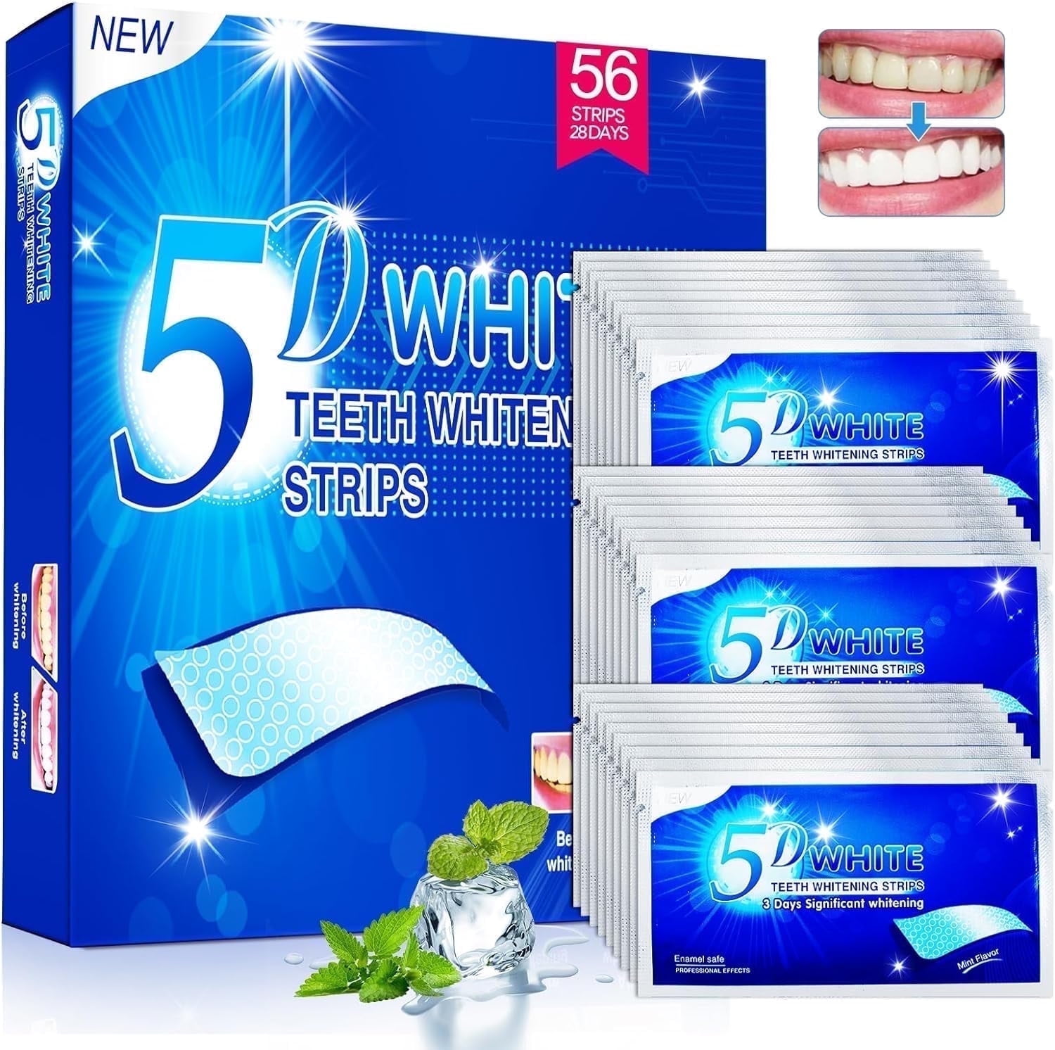 5D Teeth Whitening Strips, 56 Safe and Effective Teeth Whitening Kit, 28 Treatments Whitestrips Reduced Teeth Sensitivity and Help to Remove Smoking Coffee Wine Stain