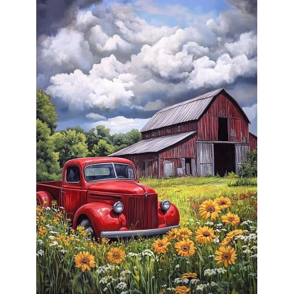 5D The Red Truck and The Old Barn Diamond Painting 12x16 Inch, Full Round Drill Kits Mosaic Art for Adults Relax & Home Wall Decor Festival Gift A565