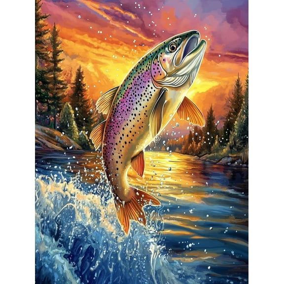 5D Trout Fish Jump from Water Sunset Diamond Art 12x16 Inch Full Drill Diamond Painting Kits for Adults & Beginners - DIY Art Crafts for Relaxation and Home Wall Decor 1 2