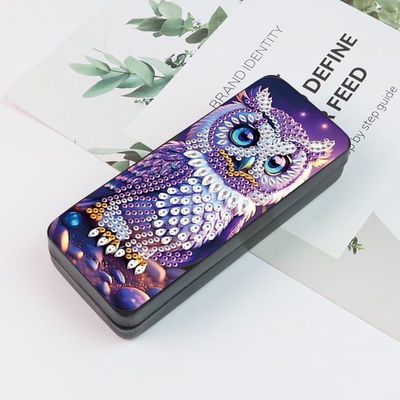 5D diamond art painting kit glasses case, purple owl DIY glasses storage box, leather handmade diamond craft gift glasses case