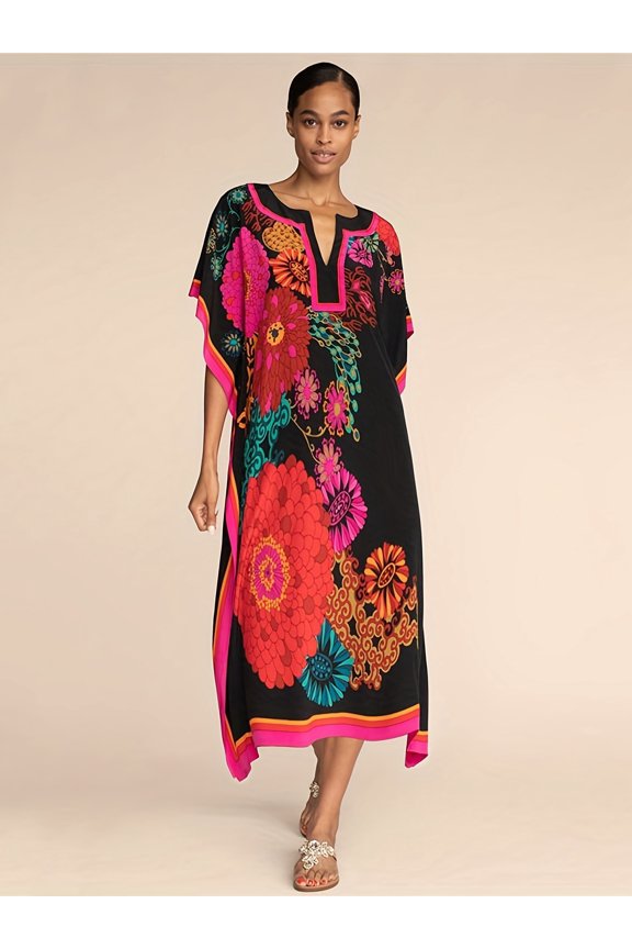 5D203 Printed Resort Beach Dress, Loose-fitting Long Dress for the Beach, Bikini Sunscreen Shirt