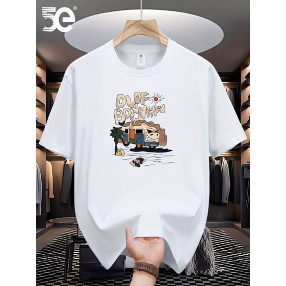 5E Men's 100% Cotton Truck Graphic Print T-shirt, Short Sleeve Crew Neck Tee, Men's Clothing For Summer Outdoor