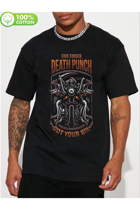 5FDP Grim Reaper Graphic T-Shirt for Men - 100% Cotton 180gsm Heavyweight, Relaxed Fit Round Neck Short Sleeve Tee with "Five Finger Death Punch" & "But Your Six" Design, Machine Washable,