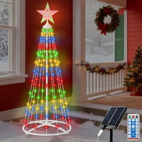 5FT 154LED Outdoor Solar Christmas Cone Tree Lights, 8 Modes Timer Remote RGB  Lights with Star Topper for Xmas Yard Porch Patio Holiday Decor$$Garden & Patio