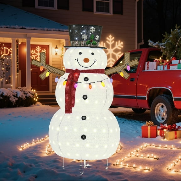 5FT 3D Pop Up Snowman Outdoor Christmas Decorations, Light Up Snowman Christmas Decor with 200 Cool White LED Lights, Stakes, Lighted Holiday Displays for Yard Decor, Porch, Patio, Lawn, Home, Garden