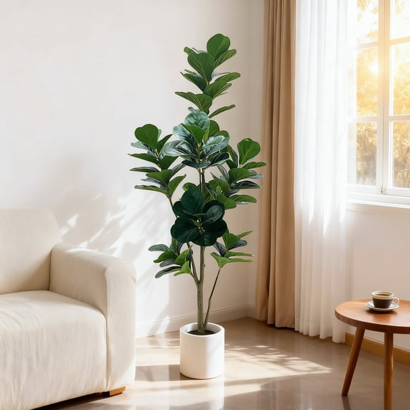 5FT / 6FT Artificial Fiddle Leaf Fig Tree in Planter – Faux Plant with Realistic Trunk & Leaves, Indoor Outdoor Floor Greenery for Living Room, Office, Home Decor