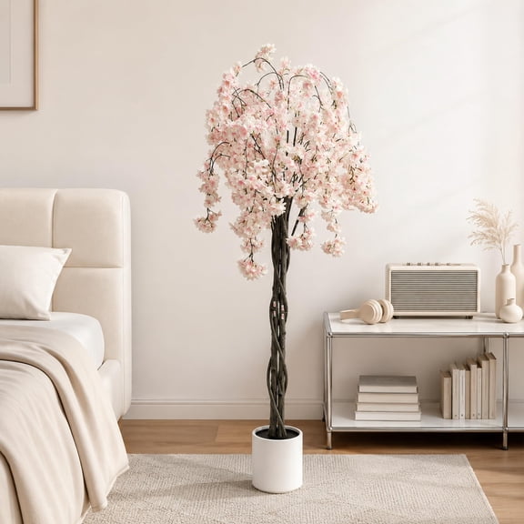 5FT/6FT Faux Cherry Blossom Tree in Pot – Realistic Silk Flowering Plant with Lifelike Blooms, Perfect for Home Office Wedding Garden Party Hotel Decor