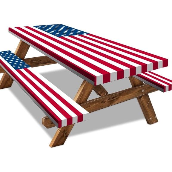 5FT American Flag Picnic Table Cover with Bench Covers Set 4th of July Waterproof Windproof Camping Rectangle Tablecloths with Elastic Fitted Picnic Table Cover for 4th of July Outdoor Decor