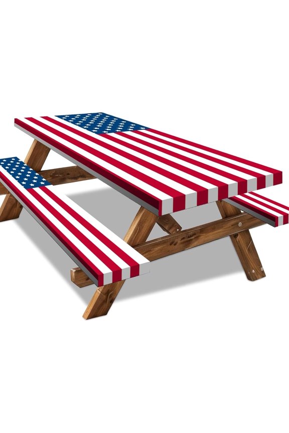 5FT American Flag Picnic Table Cover with Bench Covers Set 4th of July Waterproof Windproof Camping Rectangle Tablecloths with Elastic Fitted Picnic Table Cover for 4th of July Outdoor Decor