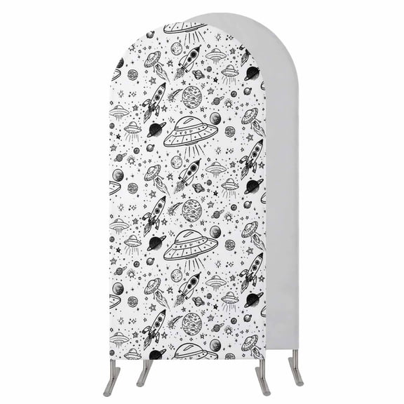 5FT Arch Backdrop Covers, Black White Cartoon Space Wedding Arch Cover Stretchy, Star Spacecraft Rocket Meteorite Chiara Arches Backdrop Stand Covers for Birthday Baby Shower Party Banquet Decor