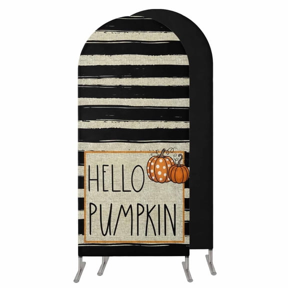 5FT Arch Backdrop Covers, Hello Fall Wedding Arch Cover Stretchy, Thanksgiving Orange Pumpkin Black Stripe Chiara Arches Backdrop Stand Covers for Birthday Baby Shower Party Banquet Decor